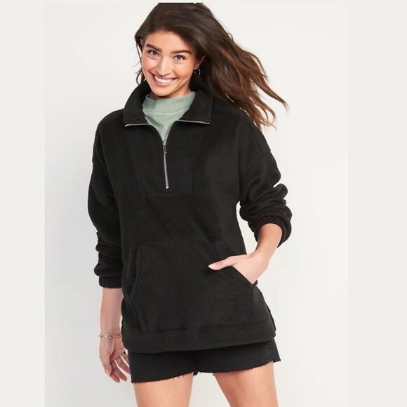 NWT! Old Navy Oversized Sherpa Quarter -Zip Tunic Sweatshirt Black Size (S) - Picture 1 of 9